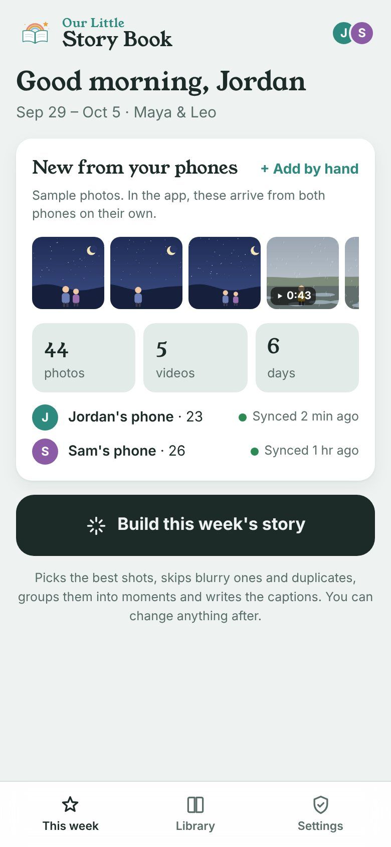 Monthly photo review showing new photos from both parents' phones